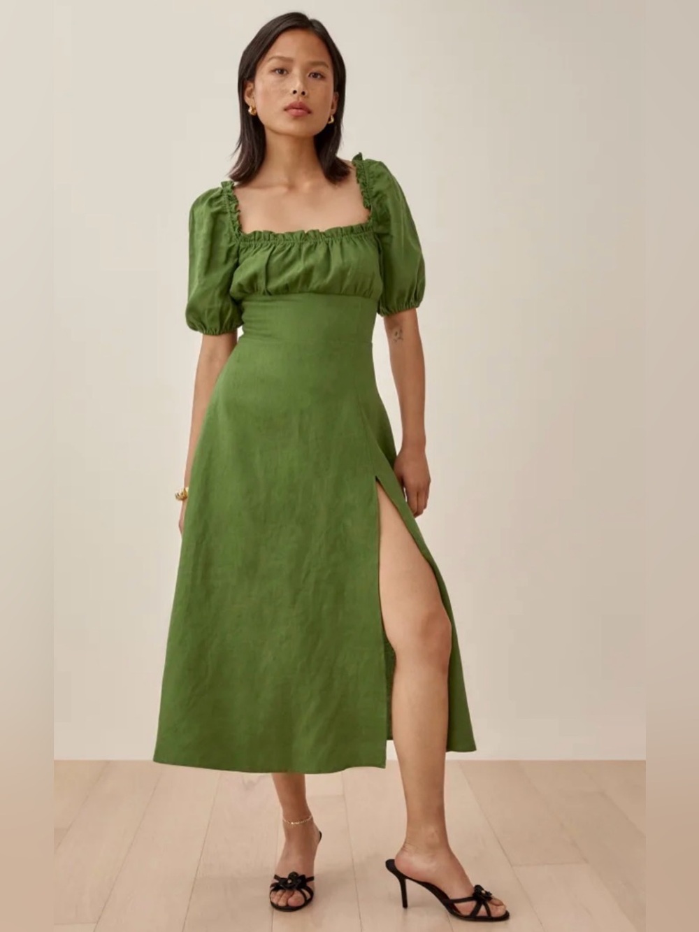 Reformation Jacqueline Linen Midi Dress Puff Sleeve Square Neck Ruched Moss Sz 4
